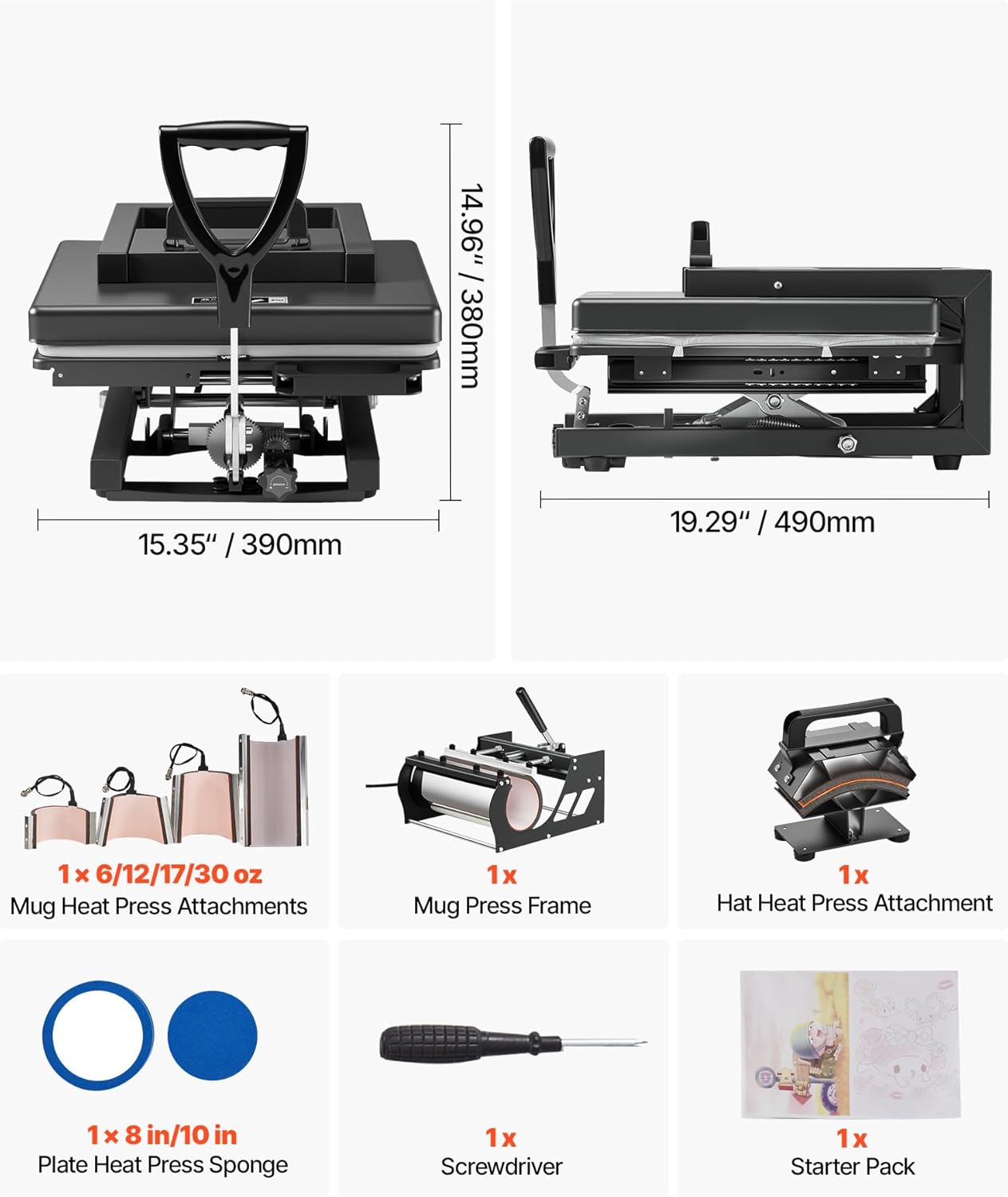 Color light blue VEVOR Hybrid Heat Press, 15 x 15 inch, 8-in-1 Multifunction, Heat Up Fast and Even, All-New Patented Design, Easy to Control, Sublimation Press Machine for T-Shirts/Mugs/Tumblers/Caps/Plates,